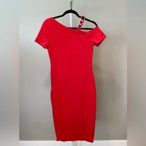 New York & Company Vibrant Red One-Shoulder Dress EUC